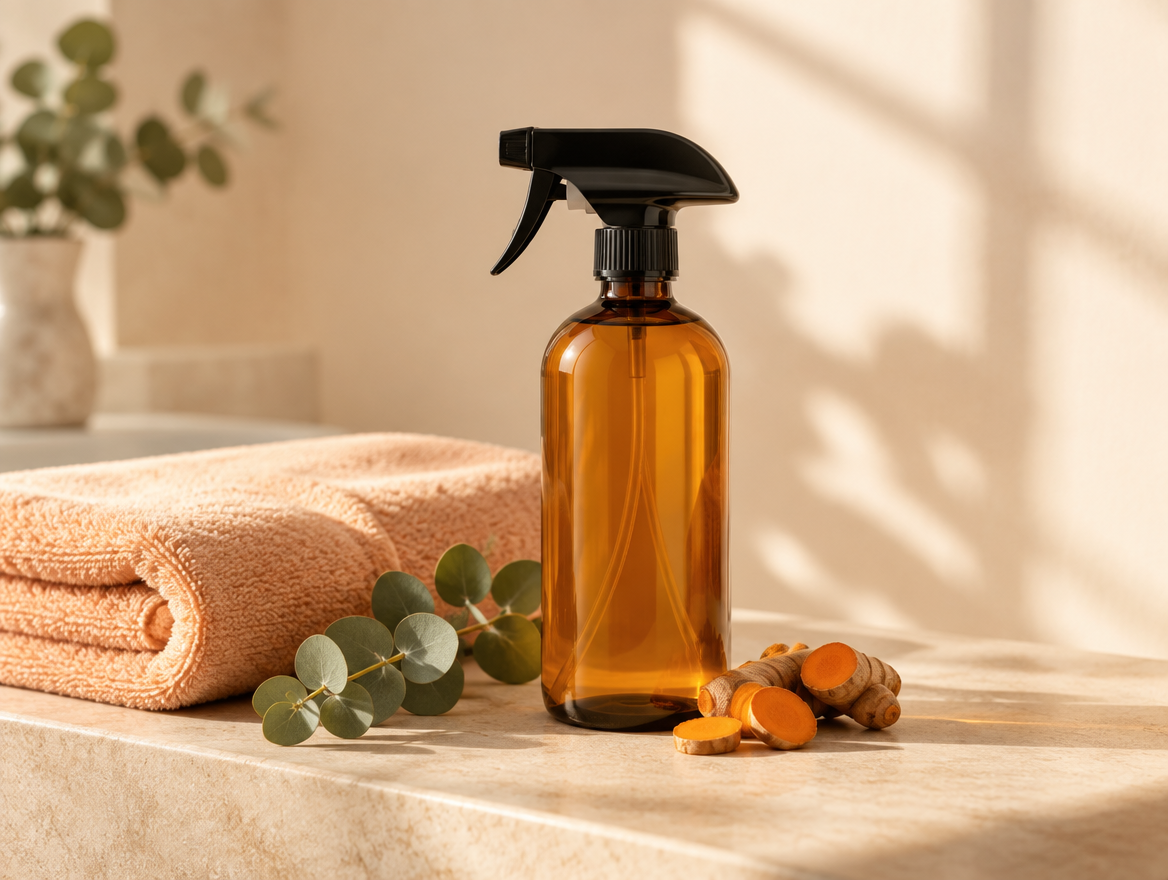 Eloura Beauty body spray on a bathroom ledge with a peach towel, eucalyptus and turmeric